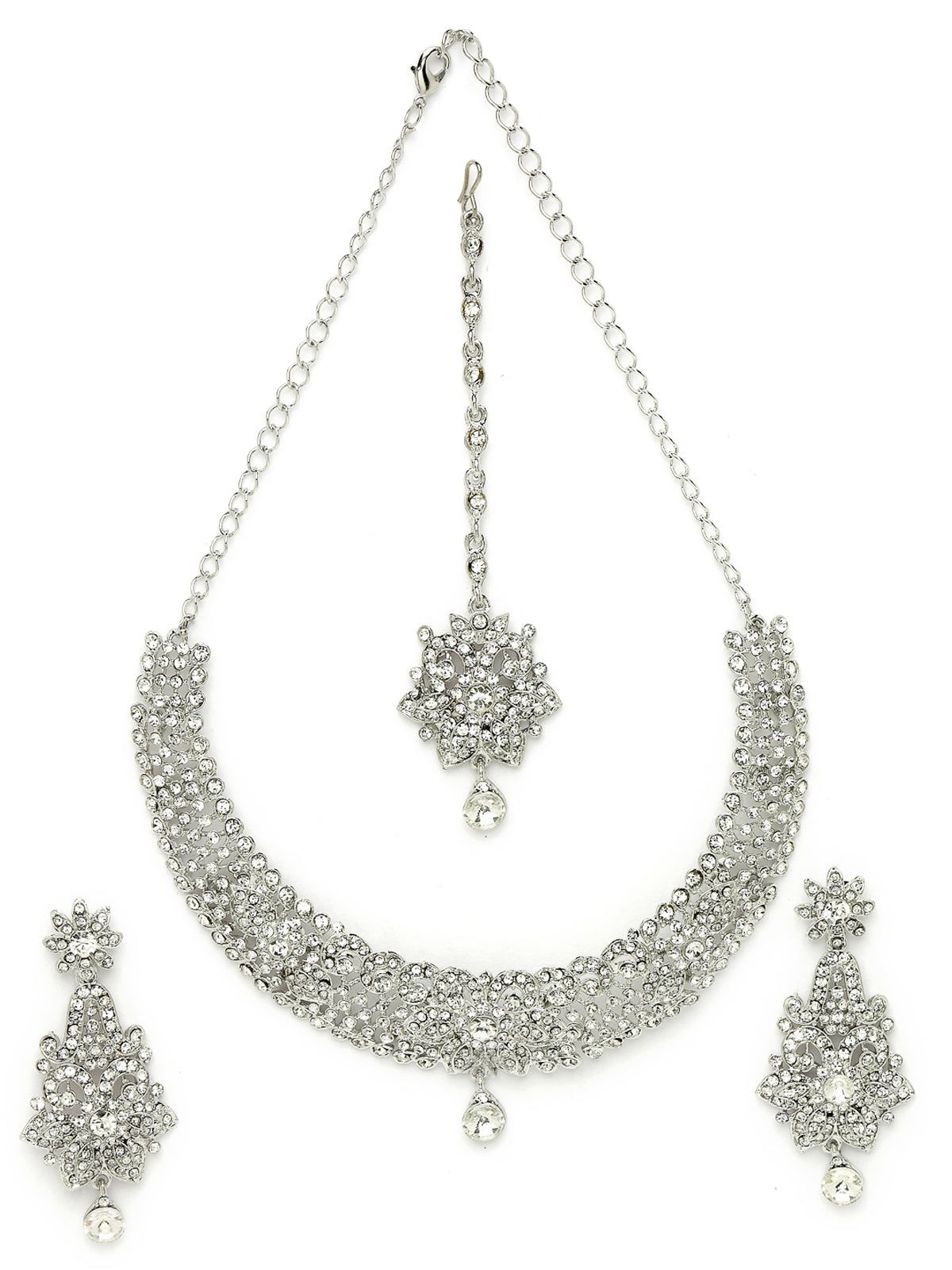 Sukkhi Magnifecent Rhodium Plated Silver AD White Stones Collar Bone Necklace Set With Earring And Maangtika | Jewellery Set For Women (NS105669)