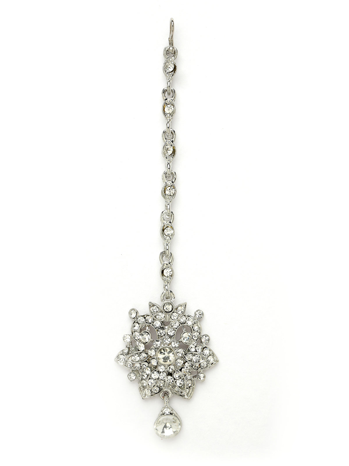 Sukkhi Magnifecent Rhodium Plated Silver AD White Stones Collar Bone Necklace Set With Earring And Maangtika | Jewellery Set For Women (NS105669)