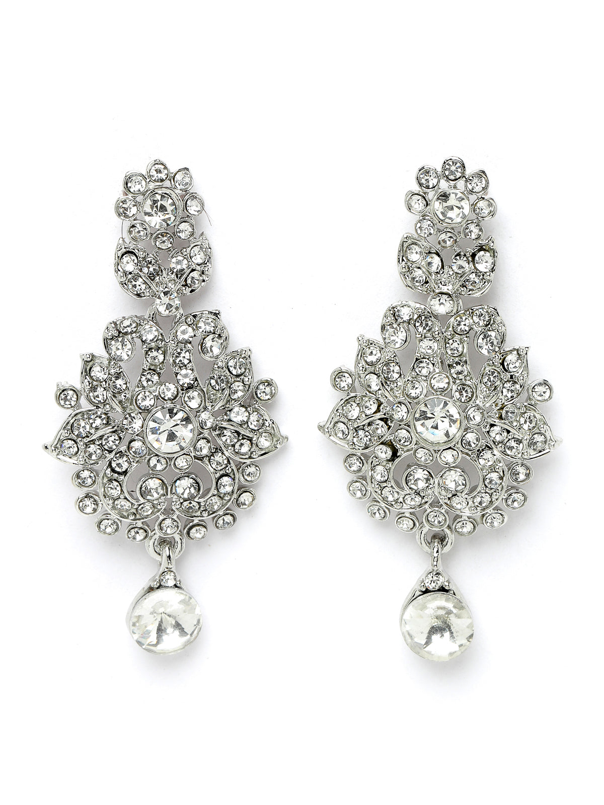 Sukkhi Showstopping Rhodium Plated Silver AD White Stone Collar Bone Necklace Set With Earring And Maangtika | Jewellery Set For Women (NS105670)