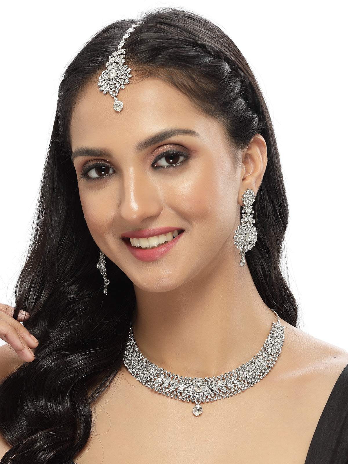 Sukkhi Fashion Rhodium Plated Silver AD White Stone Collar Bone Necklace Set With Earring And Maangtika | Jewellery Set For Women (NS105671)