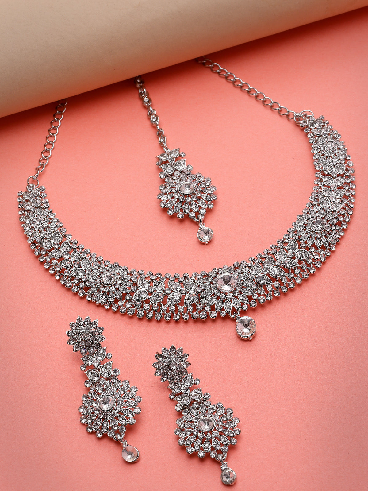 Sukkhi Fashion Rhodium Plated Silver AD White Stone Collar Bone Necklace Set With Earring And Maangtika | Jewellery Set For Women (NS105671)