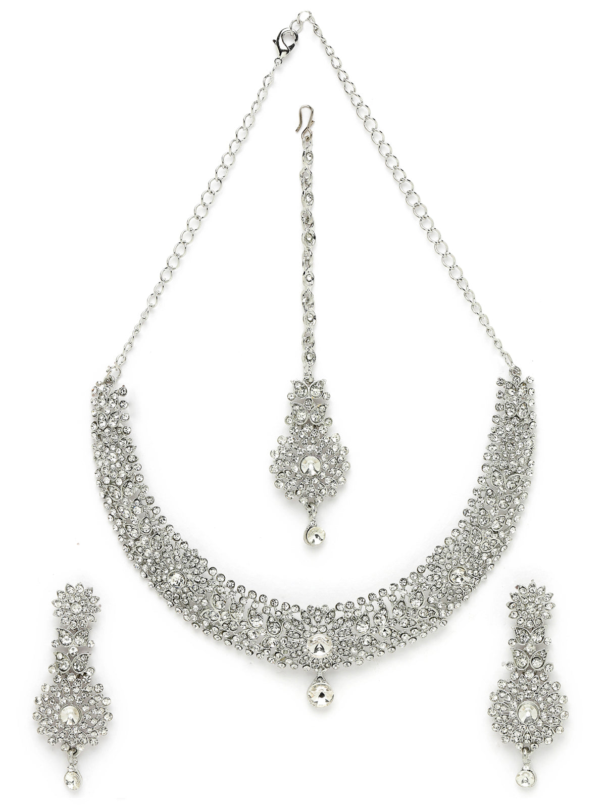 Sukkhi Fashion Rhodium Plated Silver AD White Stone Collar Bone Necklace Set With Earring And Maangtika | Jewellery Set For Women (NS105671)