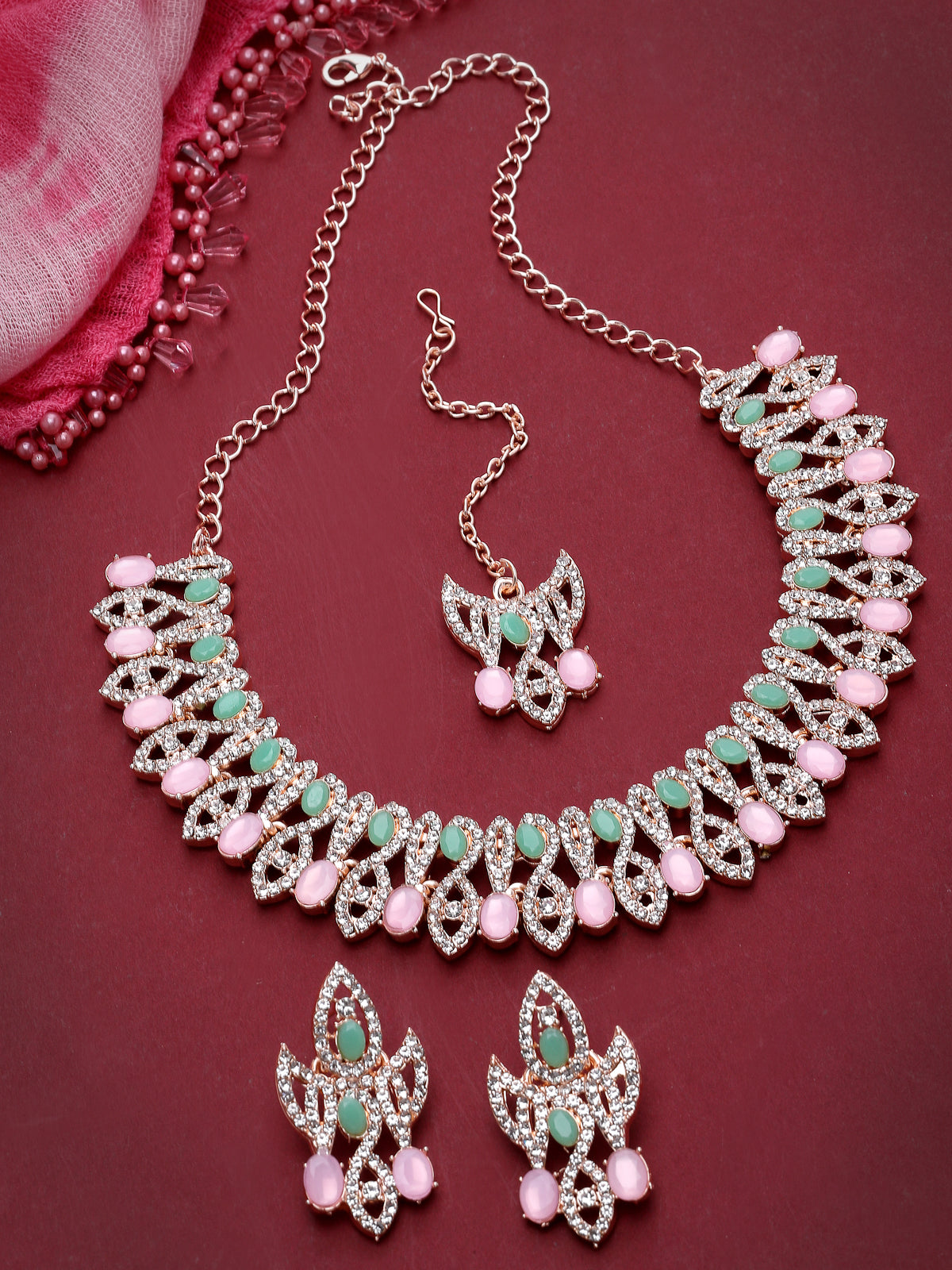 Sukkhi Admirable Fashionable AD Mint Green Stones Collar Bone Necklace Set With Earring And Maangtika | Jewellery Set For Women (NS105672)