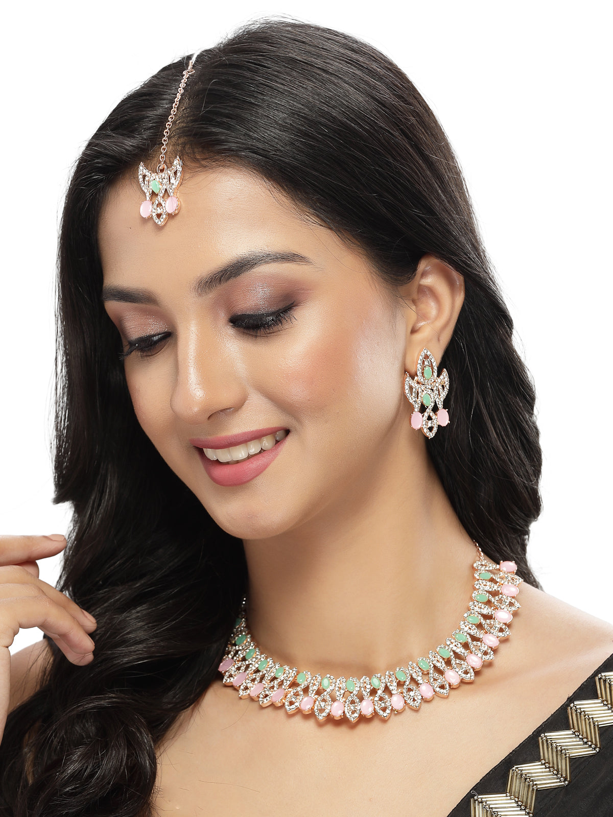 Sukkhi Admirable Fashionable AD Mint Green Stones Collar Bone Necklace Set With Earring And Maangtika | Jewellery Set For Women (NS105672)