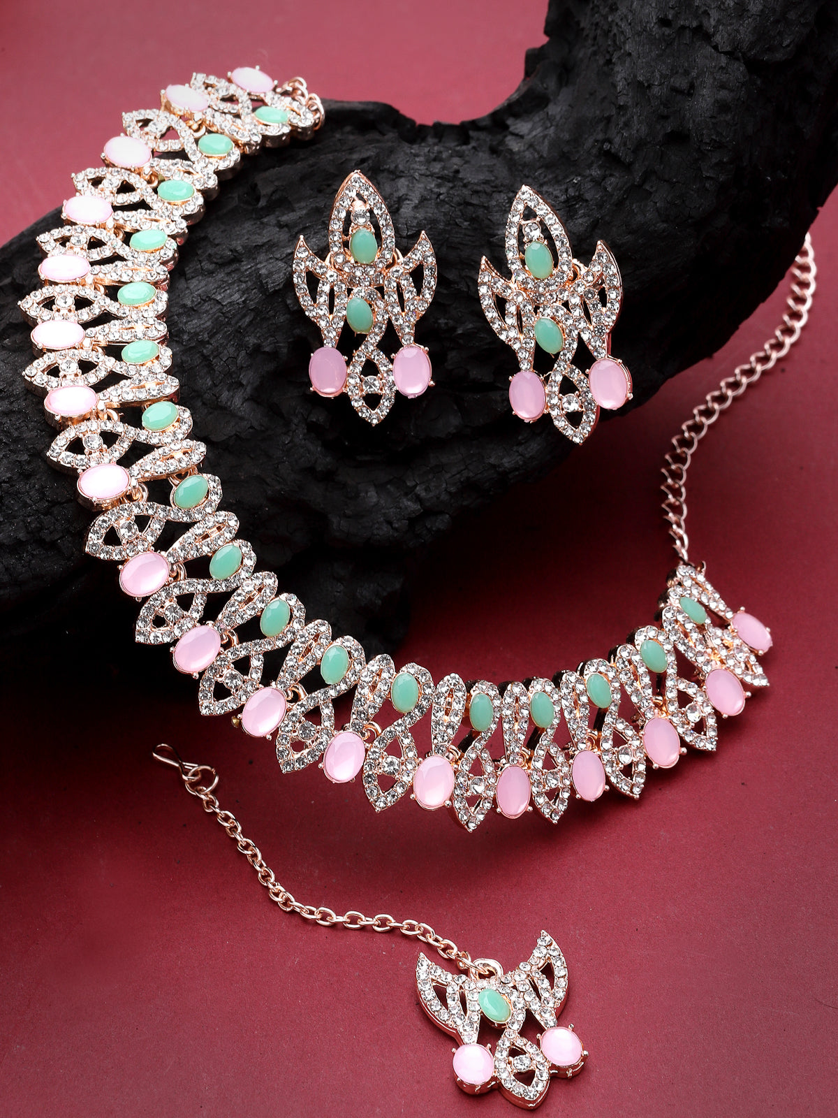 Sukkhi Admirable Fashionable AD Mint Green Stones Collar Bone Necklace Set With Earring And Maangtika | Jewellery Set For Women (NS105672)