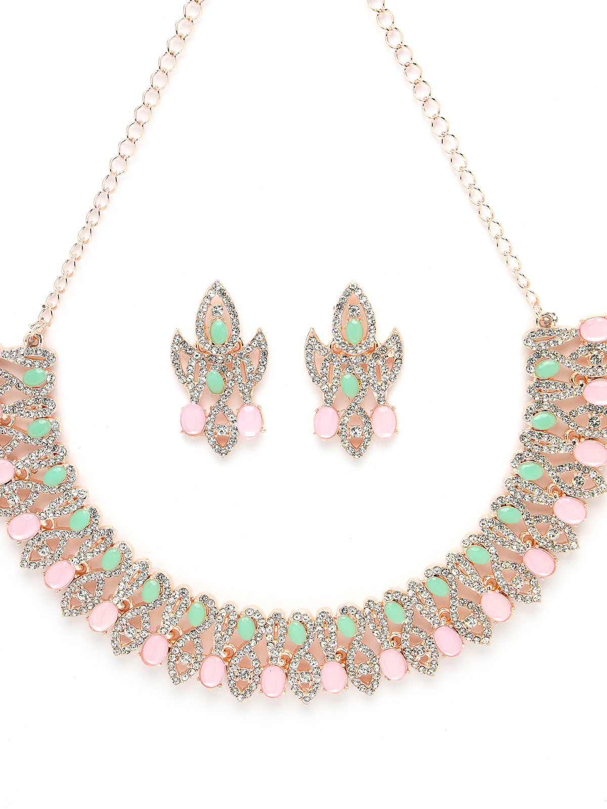 Sukkhi Admirable Fashionable AD Mint Green Stones Collar Bone Necklace Set With Earring And Maangtika | Jewellery Set For Women (NS105672)