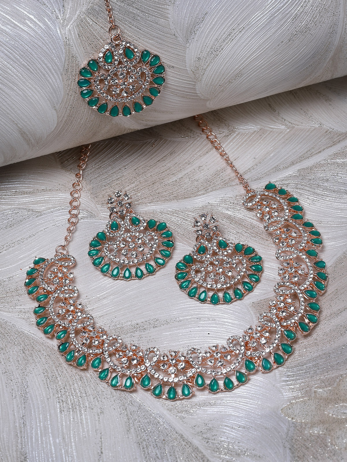 Sukkhi Admirable Fashionable AD Green Stones Collar Bone Necklace Set With Earring And Maangtika | Jewellery Set For Women (NS105673)