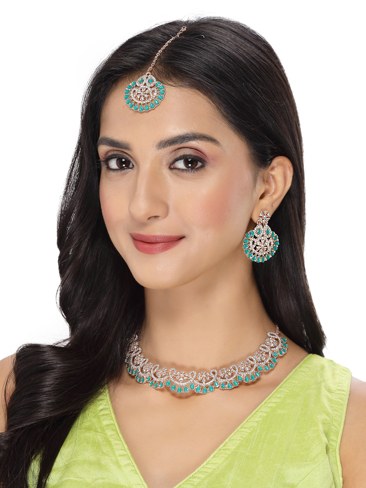 Sukkhi Admirable Fashionable AD Green Stones Collar Bone Necklace Set With Earring And Maangtika | Jewellery Set For Women (NS105673)