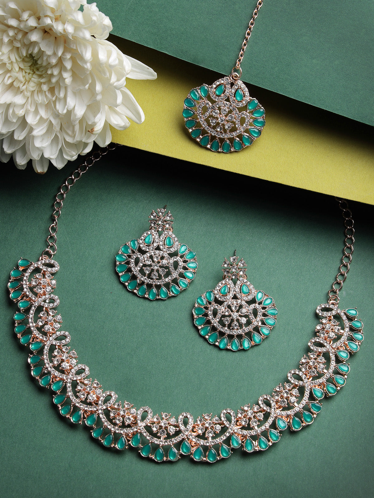 Sukkhi Admirable Fashionable AD Green Stones Collar Bone Necklace Set With Earring And Maangtika | Jewellery Set For Women (NS105673)