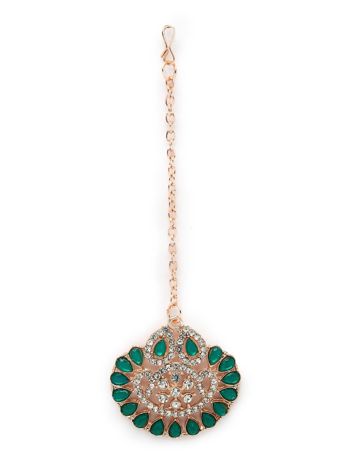 Sukkhi Admirable Fashionable AD Green Stones Collar Bone Necklace Set With Earring And Maangtika | Jewellery Set For Women (NS105673)