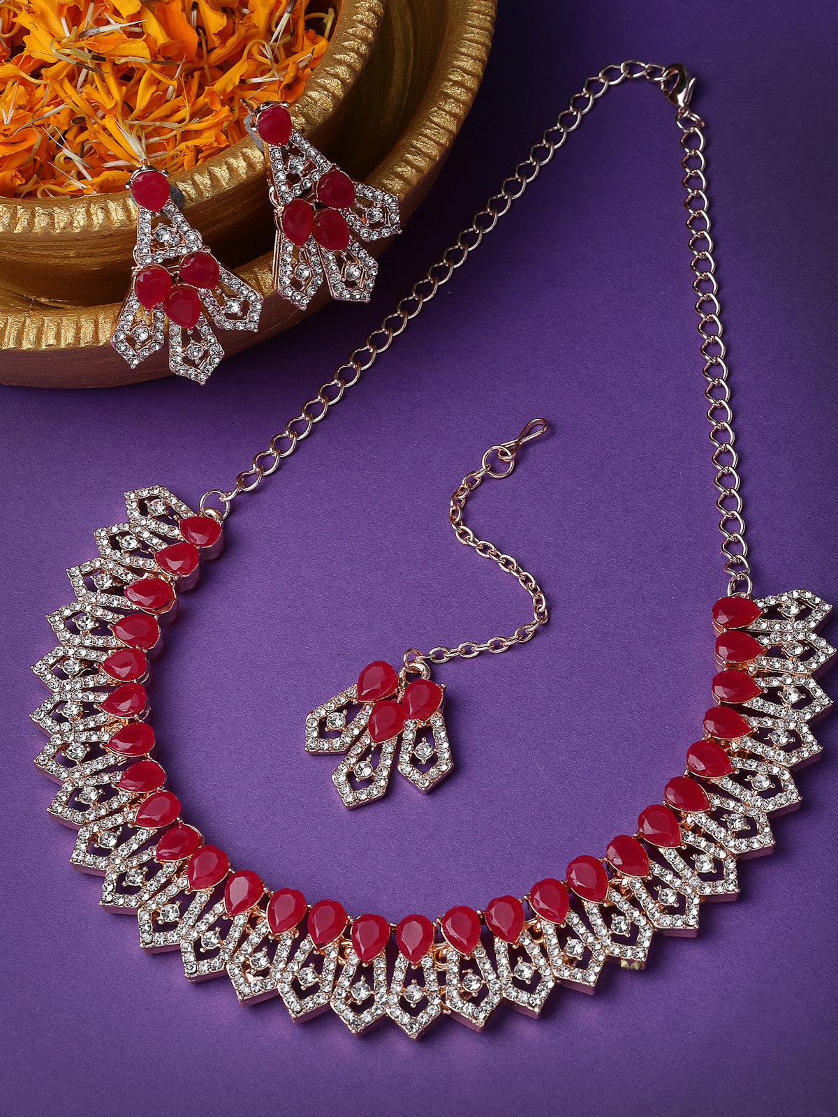 Sukkhi Admirable Fashionable AD Red Stones Collar Bone Necklace Set With Earring And Maangtika | Jewellery Set For Women (NS105675)