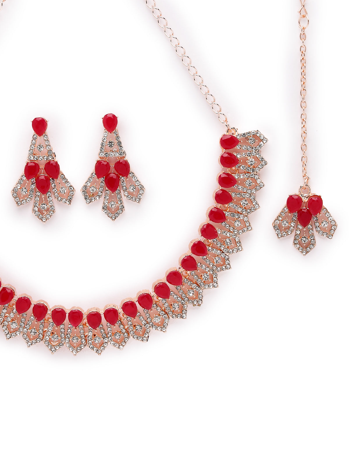 Sukkhi Admirable Fashionable AD Red Stones Collar Bone Necklace Set With Earring And Maangtika | Jewellery Set For Women (NS105675)