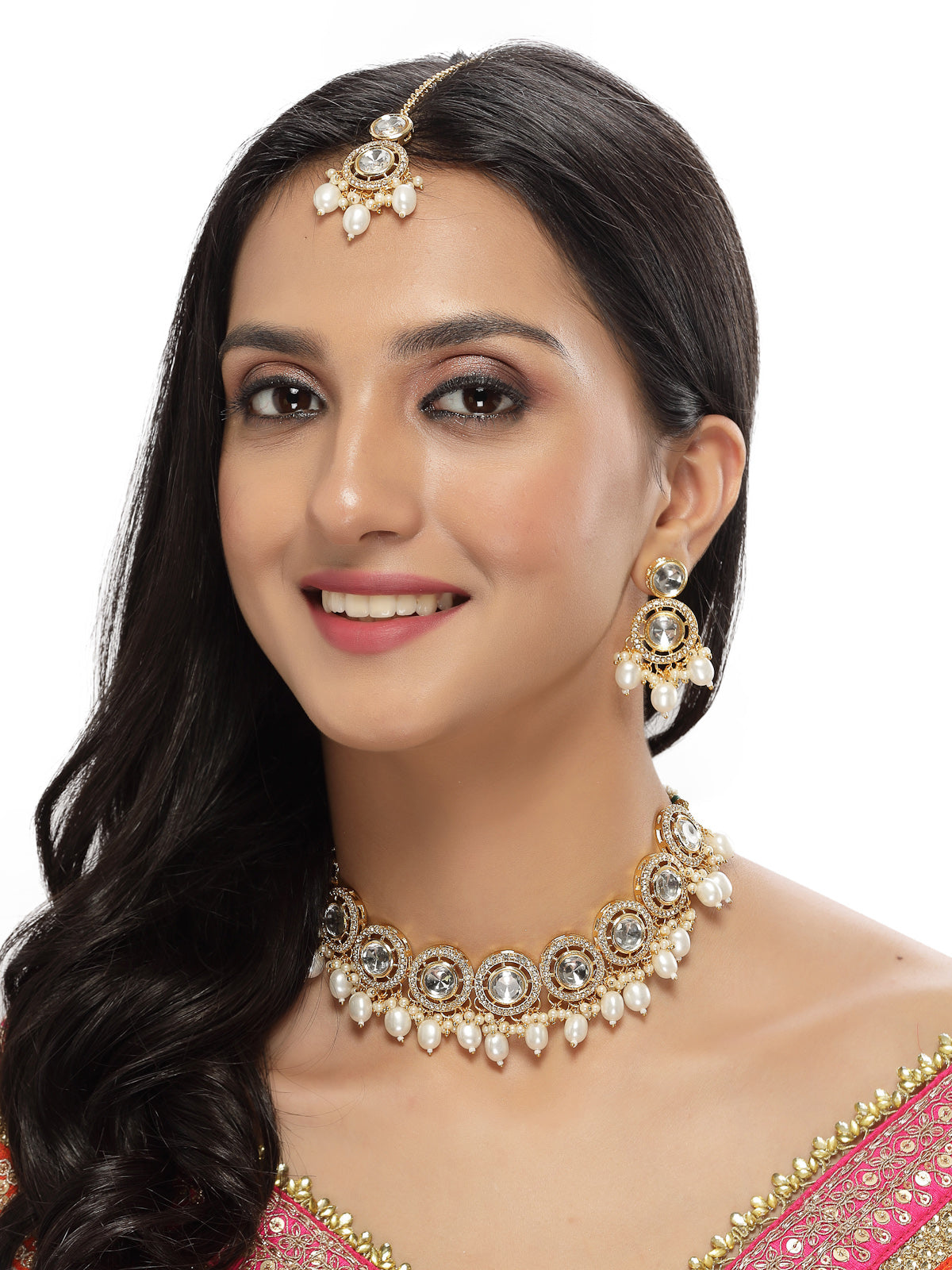 Sukkhi Favourite Gold-Plated With AD White Stones Collar Bone Necklace Set With Stylish Earrings | Jewellery Set For Women (NS105676)