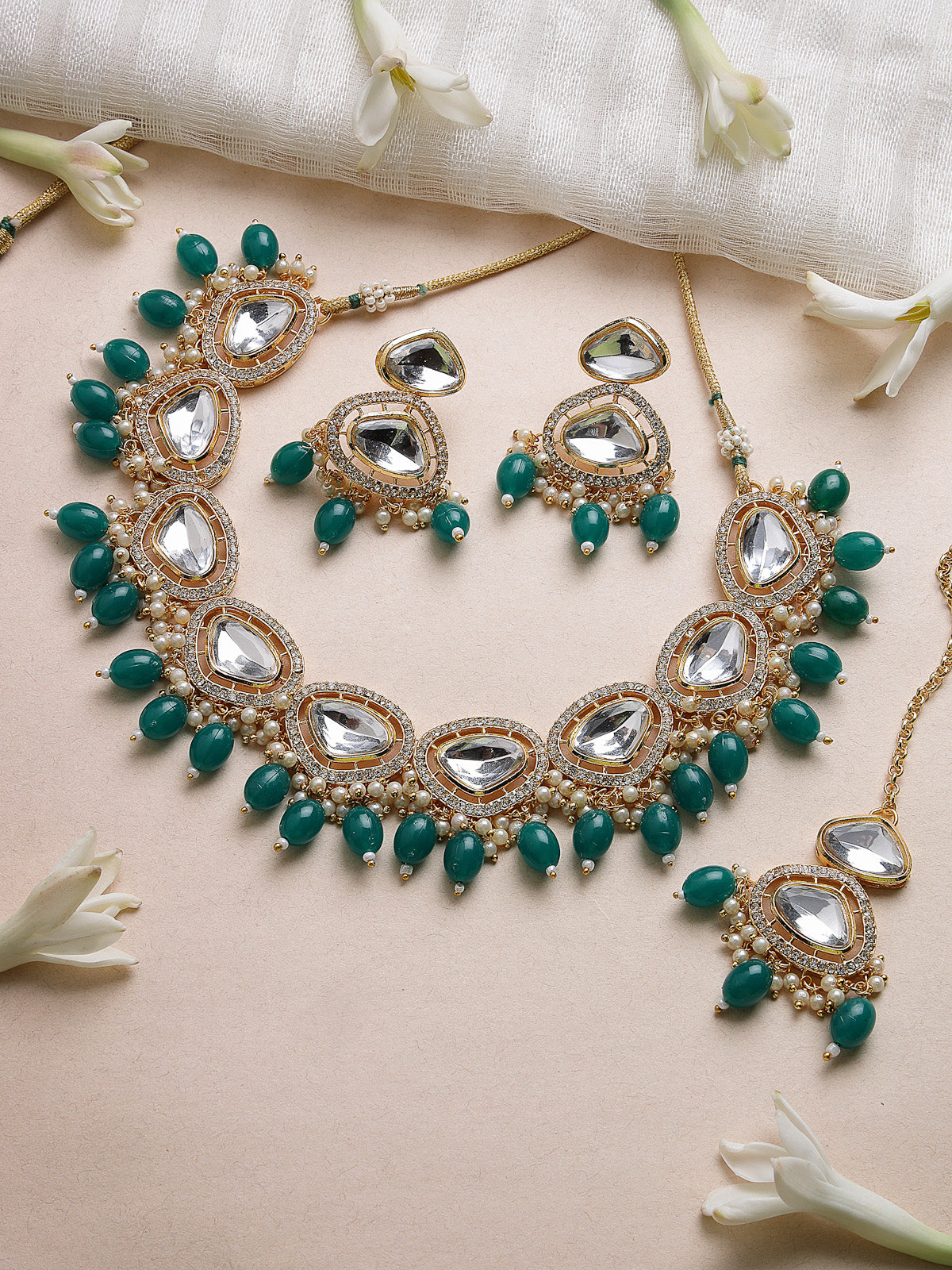 Sukkhi Favourite Gold-Plated With AD Green Stones Collar Bone Necklace Set With Stylish Earrings | Jewellery Set For Women (NS105678)