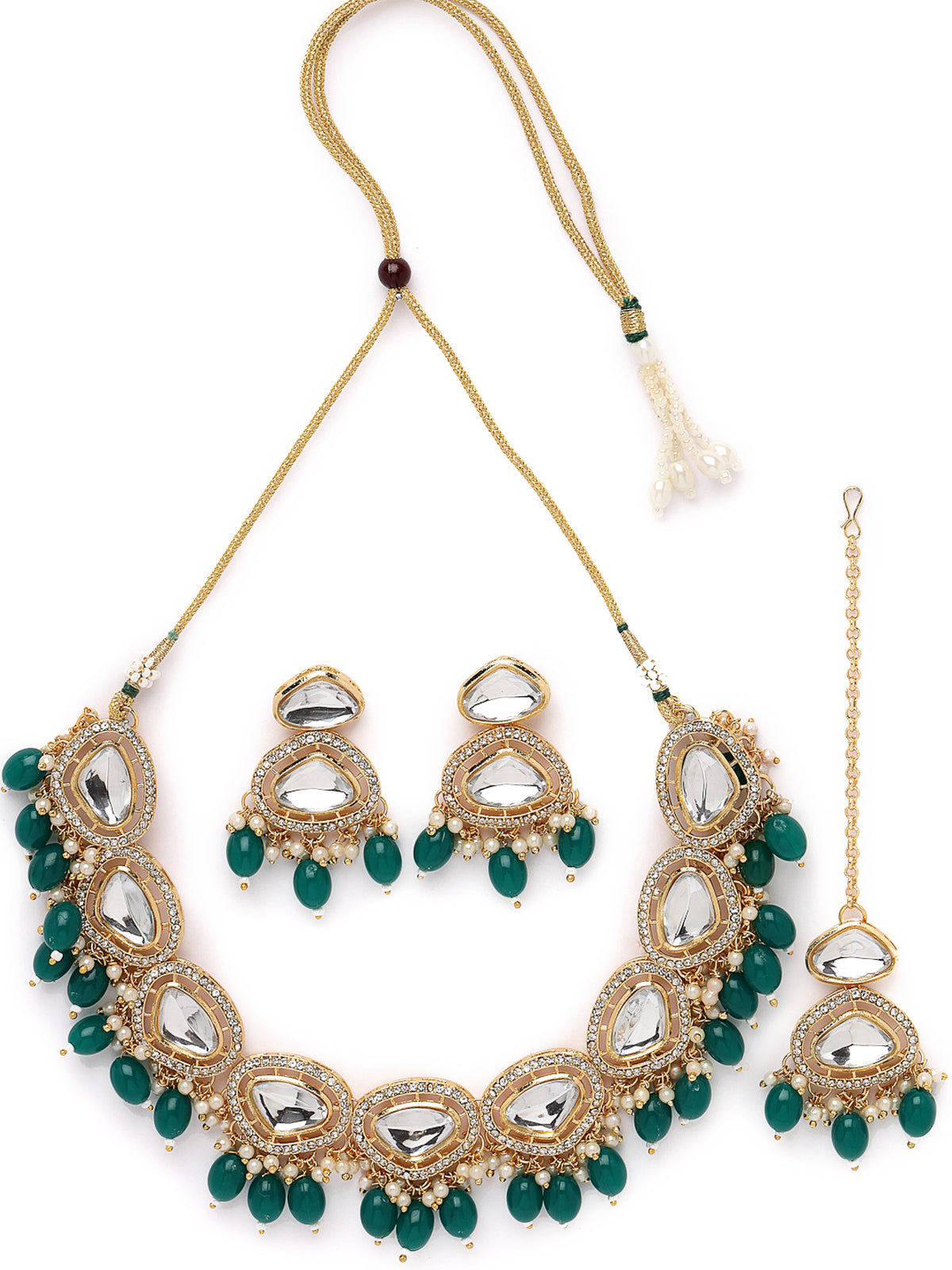 Sukkhi Favourite Gold-Plated With AD Green Stones Collar Bone Necklace Set With Stylish Earrings | Jewellery Set For Women (NS105678)