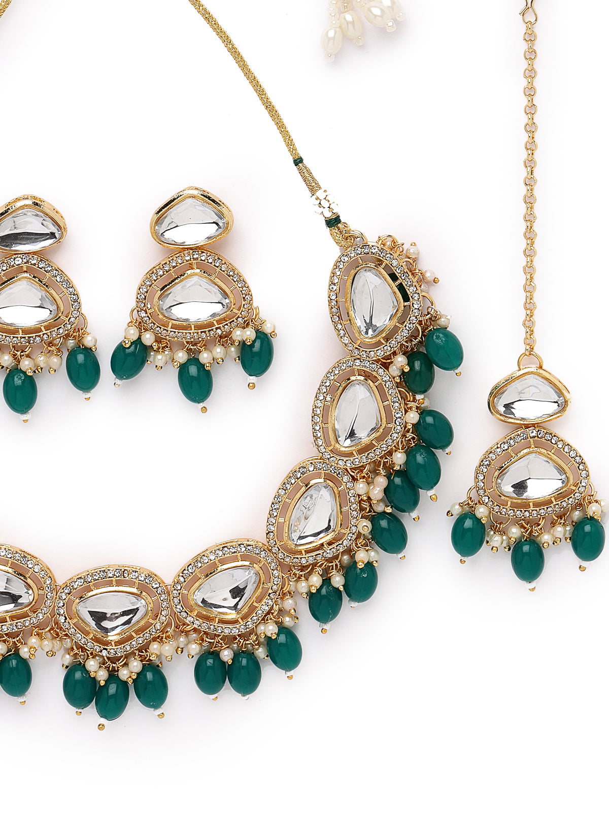 Sukkhi Favourite Gold-Plated With AD Green Stones Collar Bone Necklace Set With Stylish Earrings | Jewellery Set For Women (NS105678)