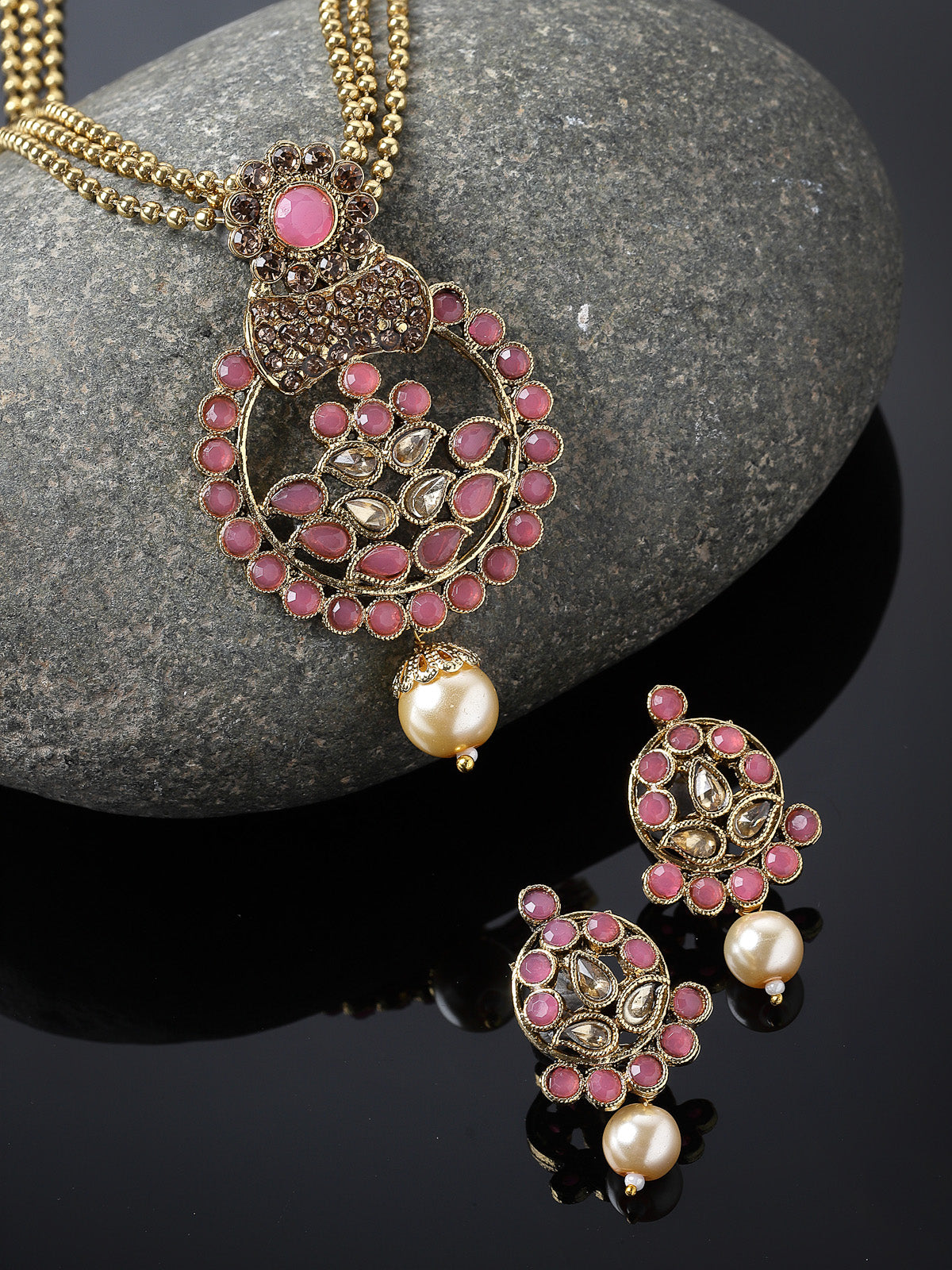 Sukkhi Eye-Catching Pink Stone Multistring Long Necklace Set And Earring | Jewellery Set For Women (NS105679)