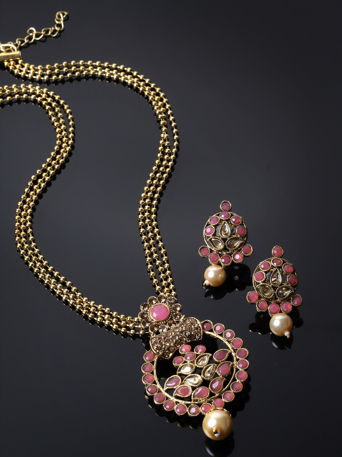 Sukkhi Eye-Catching Pink Stone Multistring Long Necklace Set And Earring | Jewellery Set For Women (NS105679)