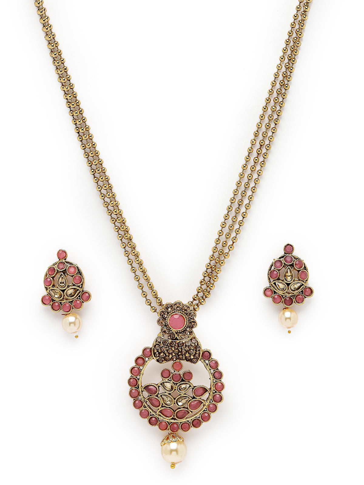 Sukkhi Eye-Catching Pink Stone Multistring Long Necklace Set And Earring | Jewellery Set For Women (NS105679)