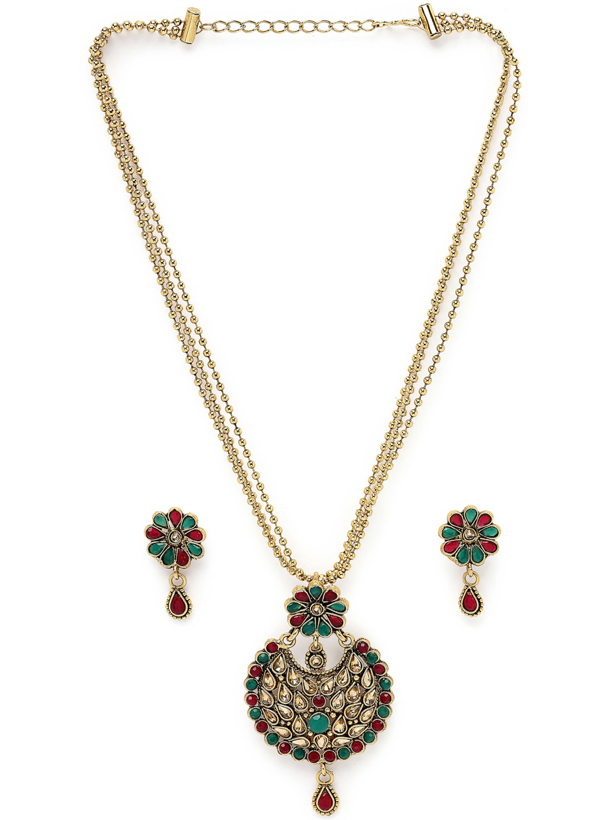 Sukkhi Eye-Catching Green Red Stone Multistring Long Necklace Set And Earring | Jewellery Set For Women (NS105680)