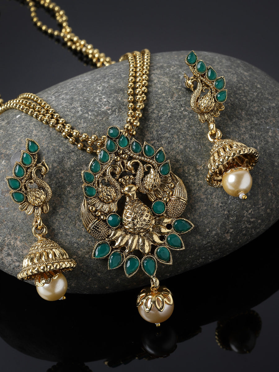 Sukkhi Eye-Catching Green Stone Multistring Long Necklace Set And Earring | Jewellery Set For Women (NS105681)