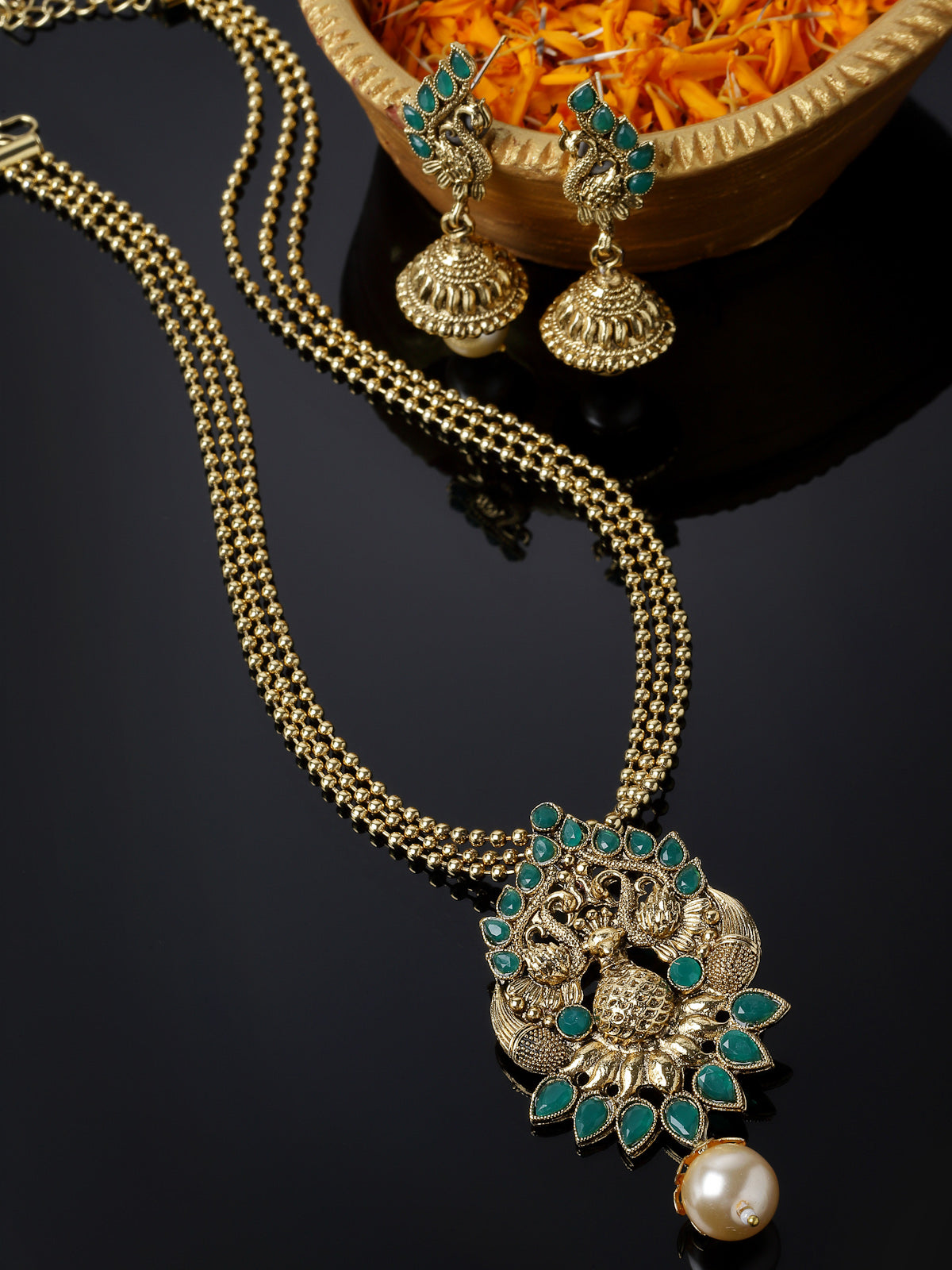 Sukkhi Eye-Catching Green Stone Multistring Long Necklace Set And Earring | Jewellery Set For Women (NS105681)