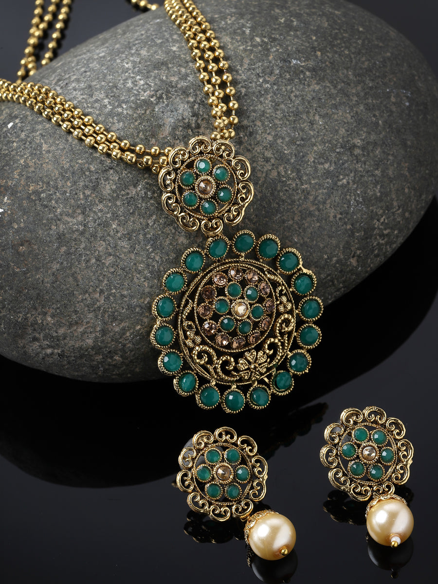 Sukkhi Eye-Catching Green Gold Stone Multistring Long Necklace Set And Earring | Jewellery Set For Women (NS105682)