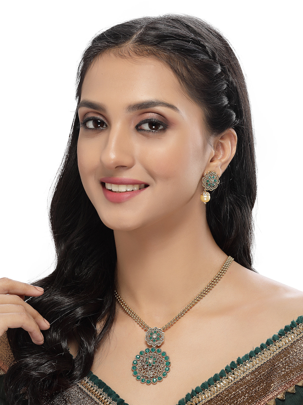 Sukkhi Eye-Catching Green Gold Stone Multistring Long Necklace Set And Earring | Jewellery Set For Women (NS105682)