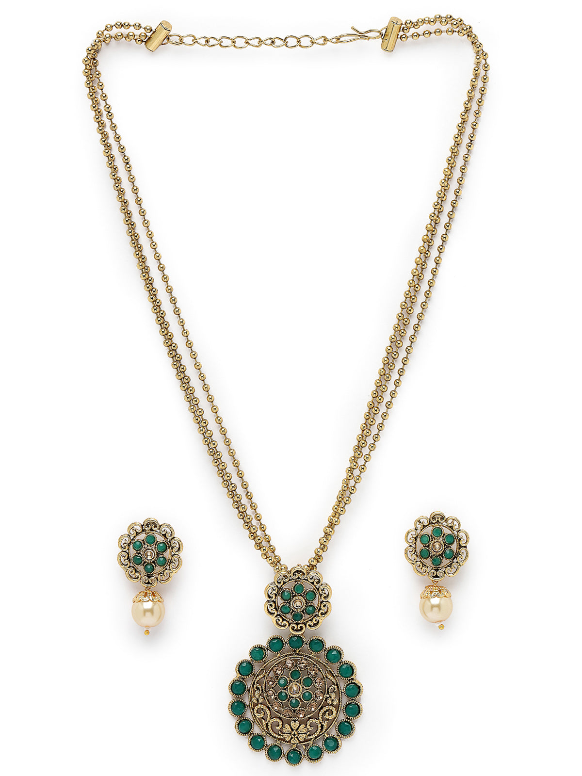 Sukkhi Eye-Catching Green Gold Stone Multistring Long Necklace Set And Earring | Jewellery Set For Women (NS105682)