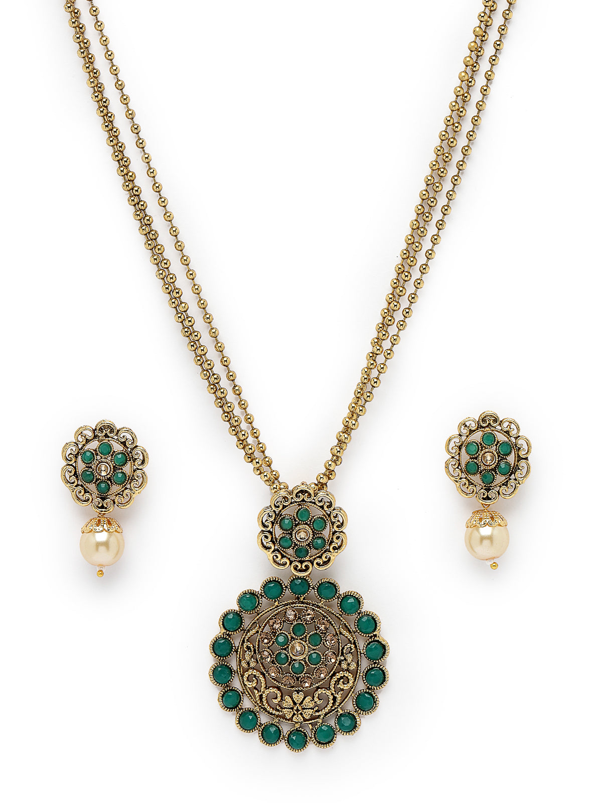Sukkhi Eye-Catching Green Gold Stone Multistring Long Necklace Set And Earring | Jewellery Set For Women (NS105682)