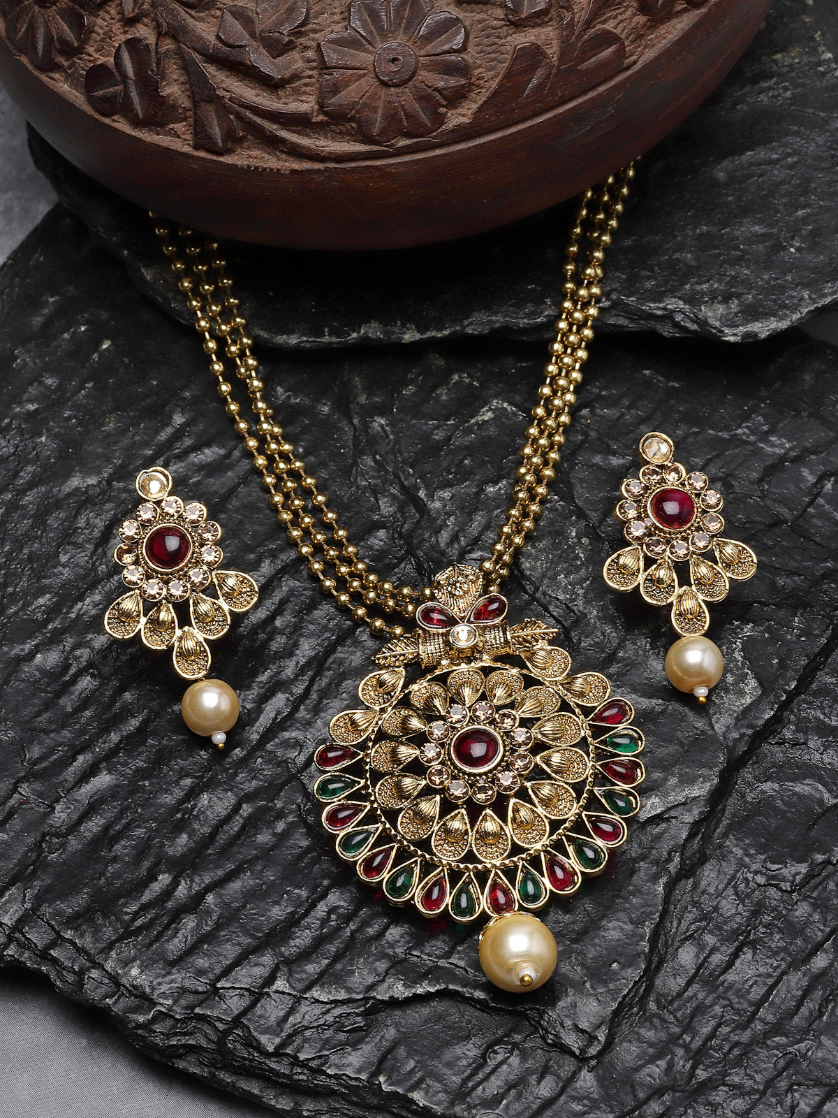 Sukkhi Eye-Catching Green Red Stone Multistring Long Necklace Set And Earring | Jewellery Set For Women (NS105683)