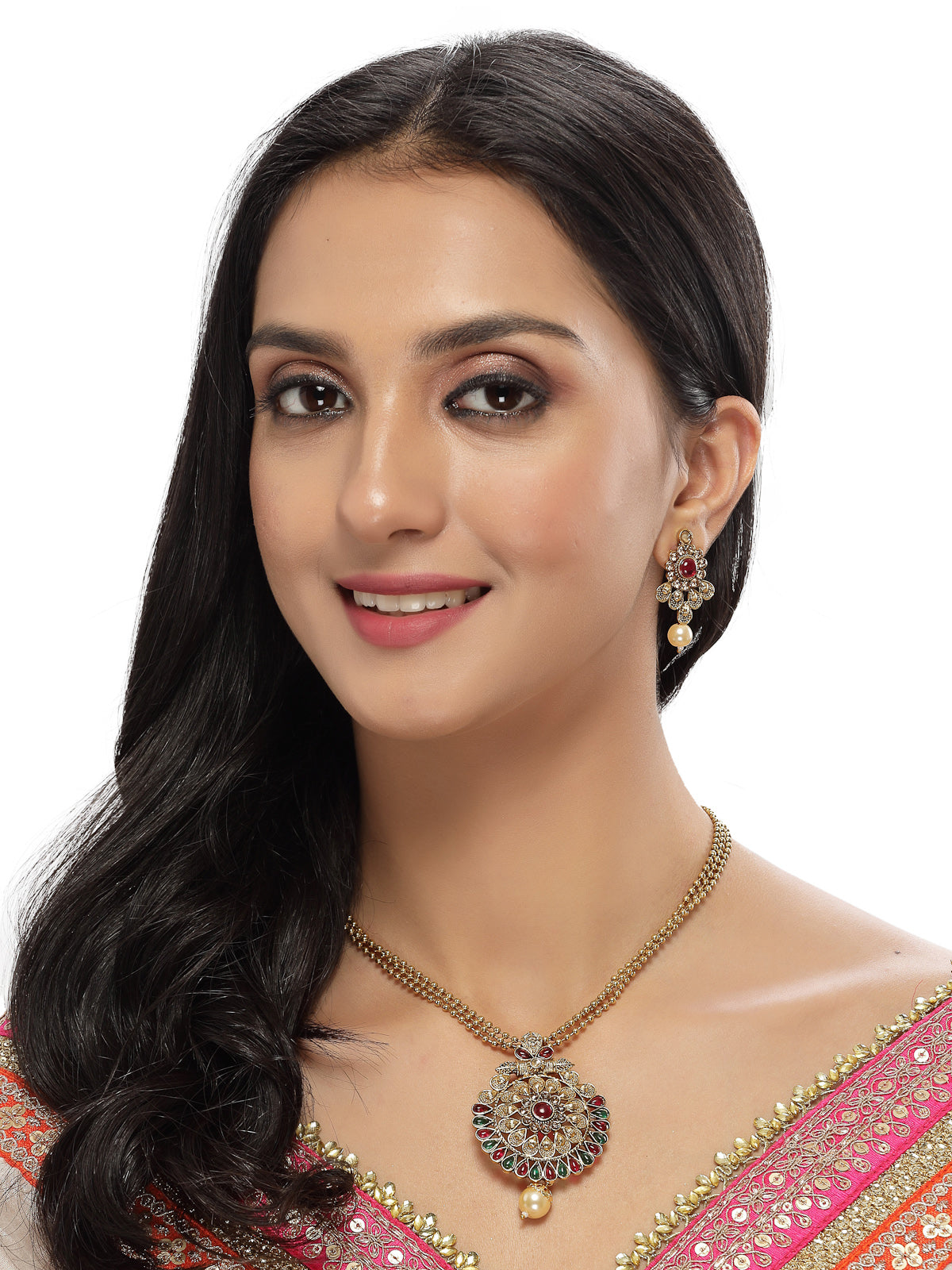 Sukkhi Eye-Catching Green Red Stone Multistring Long Necklace Set And Earring | Jewellery Set For Women (NS105683)