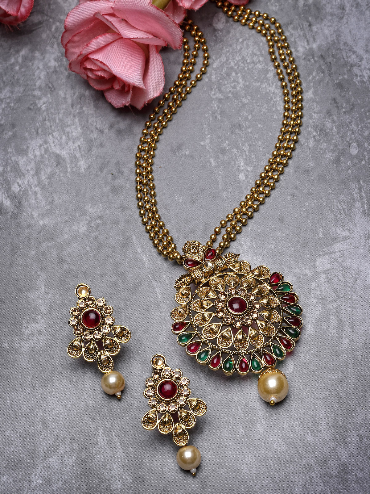 Sukkhi Eye-Catching Green Red Stone Multistring Long Necklace Set And Earring | Jewellery Set For Women (NS105683)