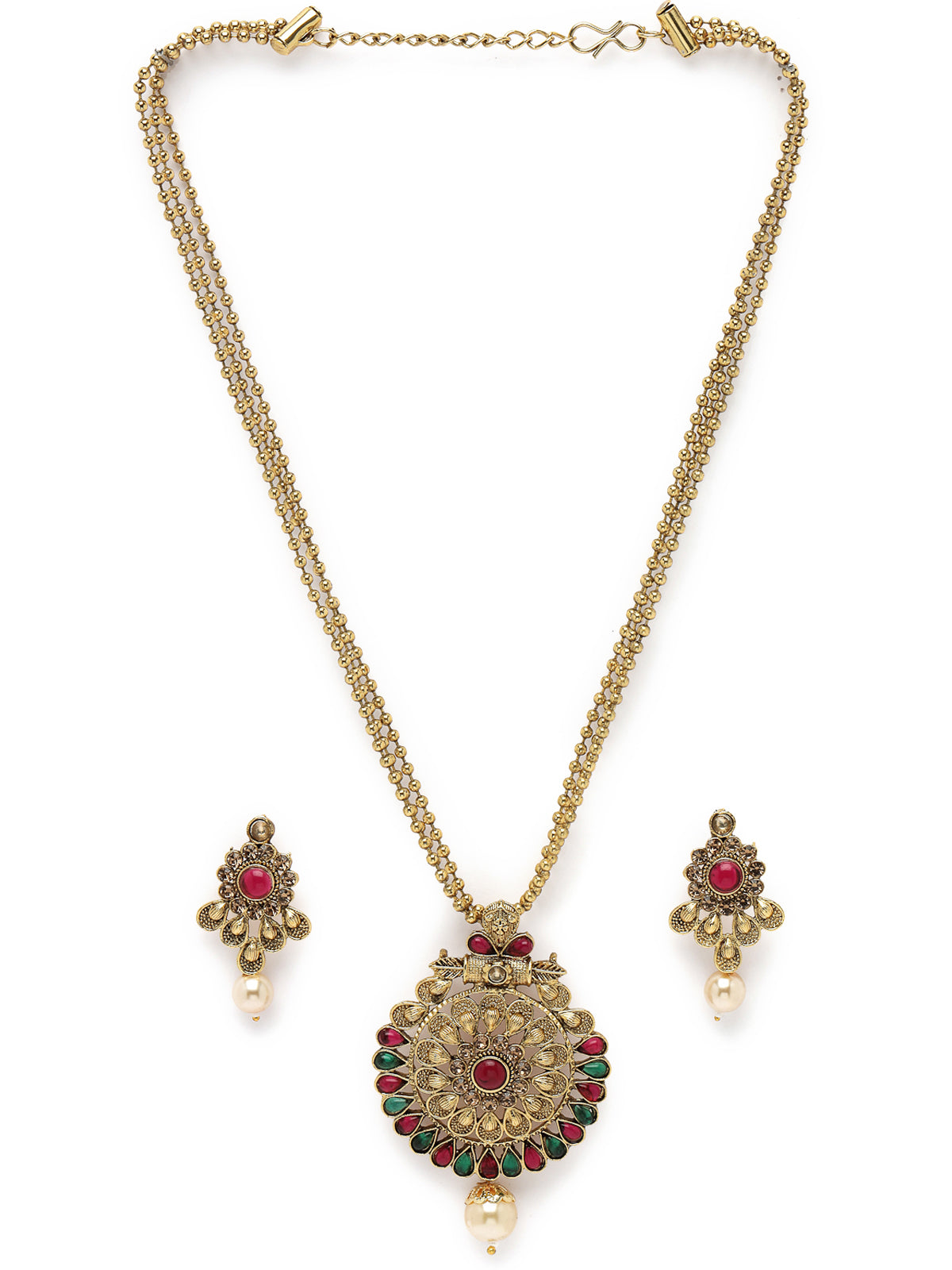 Sukkhi Eye-Catching Green Red Stone Multistring Long Necklace Set And Earring | Jewellery Set For Women (NS105683)