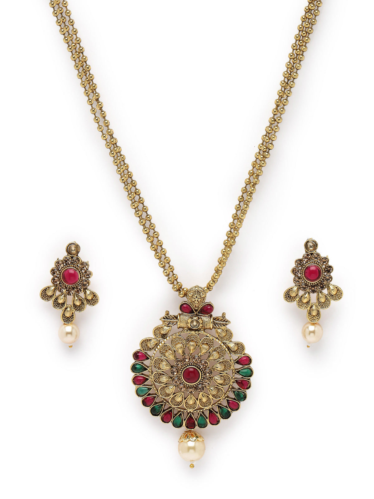 Sukkhi Eye-Catching Green Red Stone Multistring Long Necklace Set And Earring | Jewellery Set For Women (NS105683)