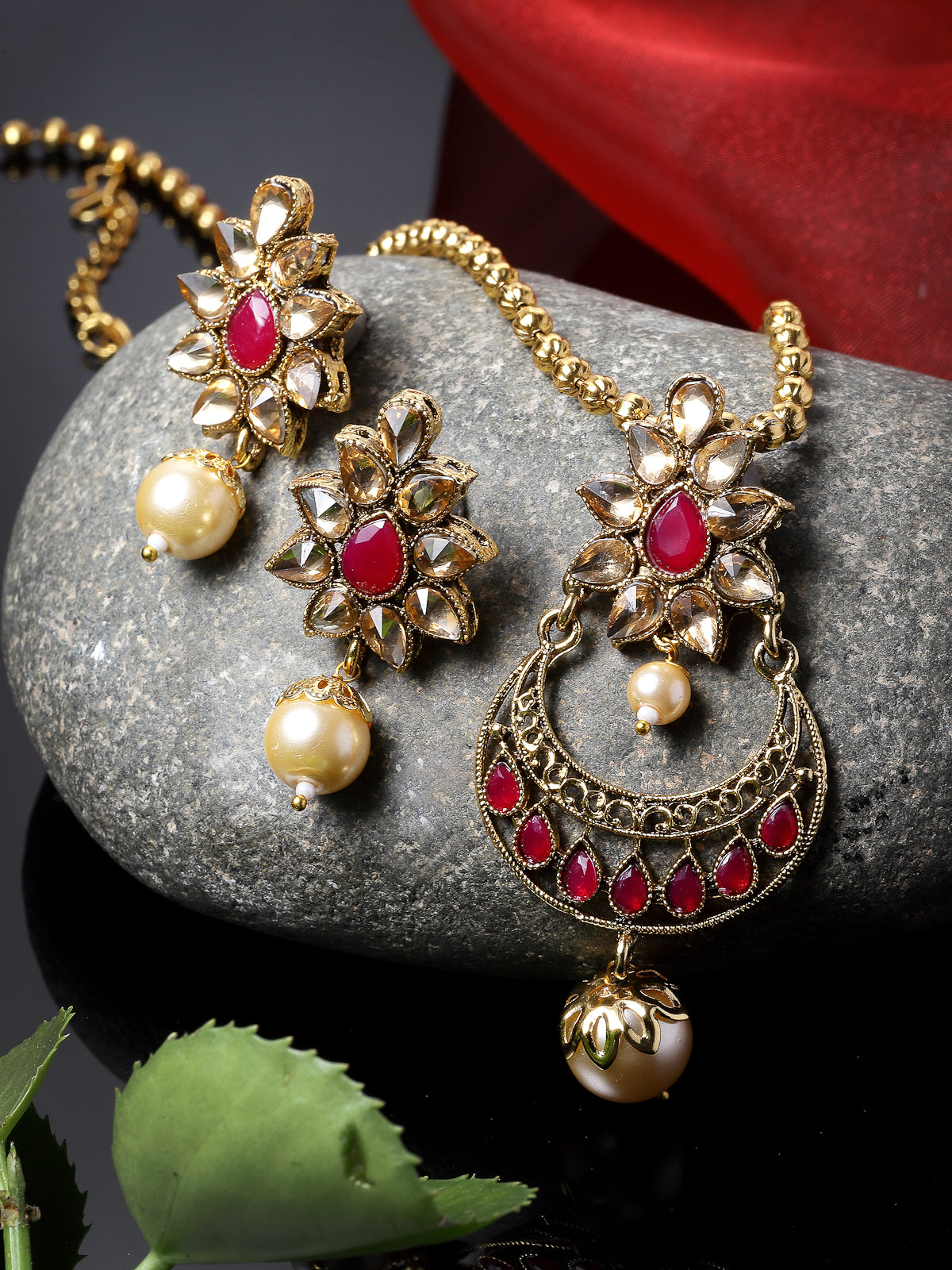 Sukkhi Eye-Catching Red Stone Multistring Long Necklace Set And Earring | Jewellery Set For Women (NS105684)