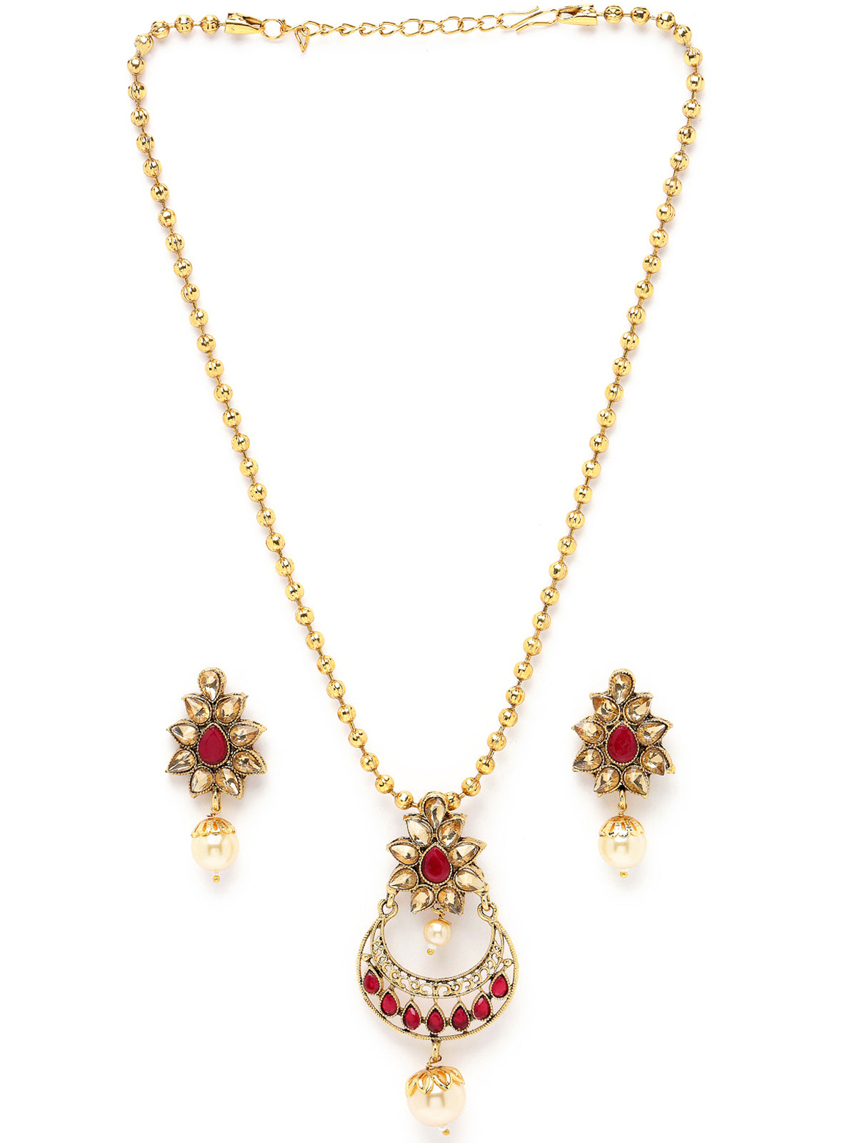 Sukkhi Eye-Catching Red Stone Multistring Long Necklace Set And Earring | Jewellery Set For Women (NS105684)