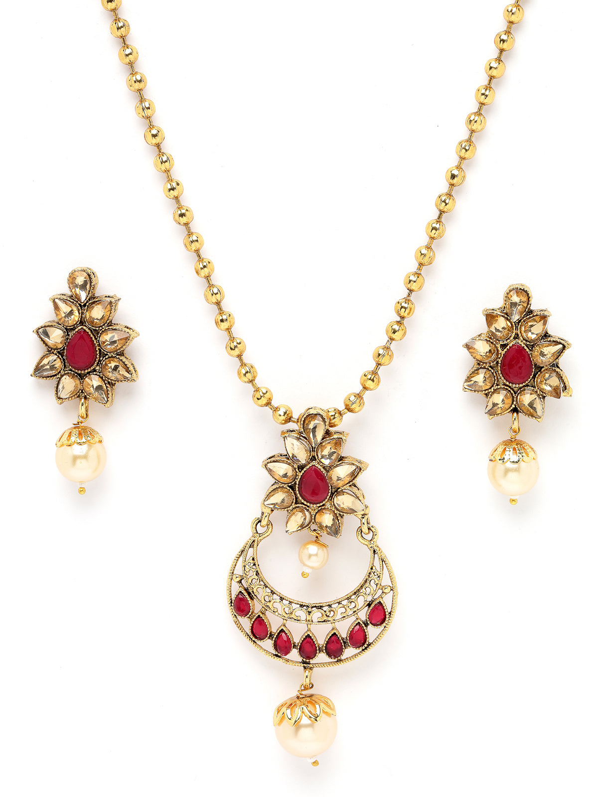 Sukkhi Eye-Catching Red Stone Multistring Long Necklace Set And Earring | Jewellery Set For Women (NS105684)
