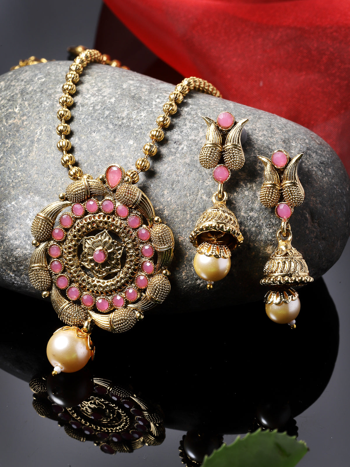 Sukkhi Eye-Catching Pink Gold Stone Multistring Long Necklace Set And Earring | Jewellery Set For Women (NS105686)