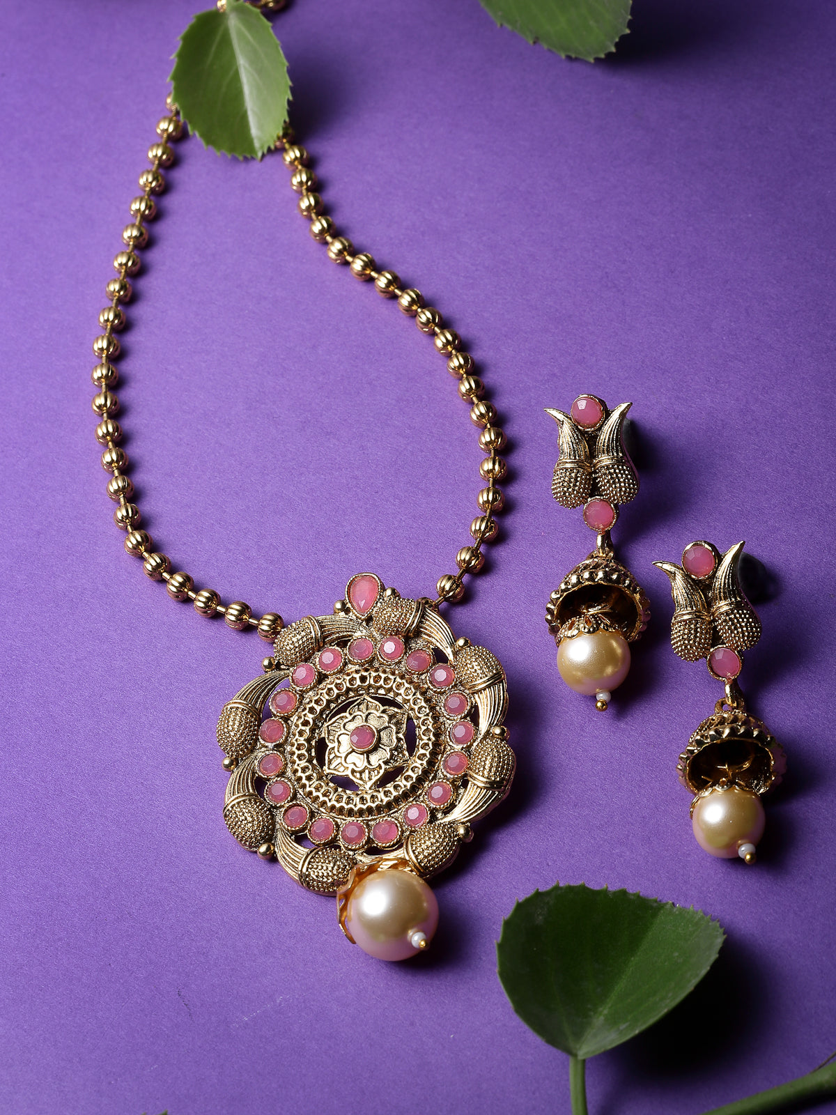 Sukkhi Eye-Catching Pink Gold Stone Multistring Long Necklace Set And Earring | Jewellery Set For Women (NS105686)