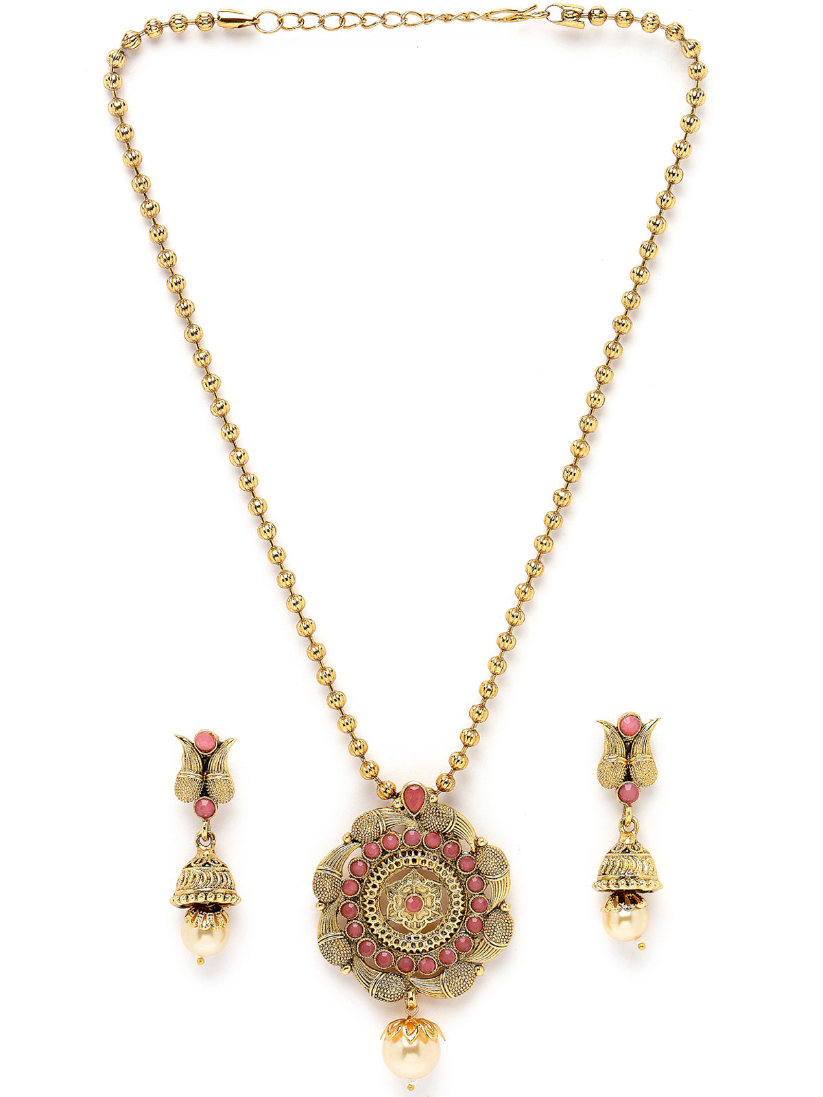 Sukkhi Eye-Catching Pink Gold Stone Multistring Long Necklace Set And Earring | Jewellery Set For Women (NS105686)