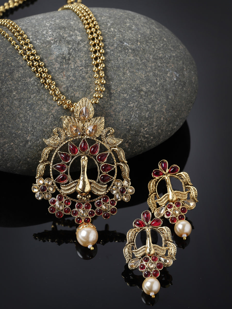 Sukkhi Indian Style Red Stones Multistring Long Necklace Set And Earring | Jewellery Set For Women (NS105687)