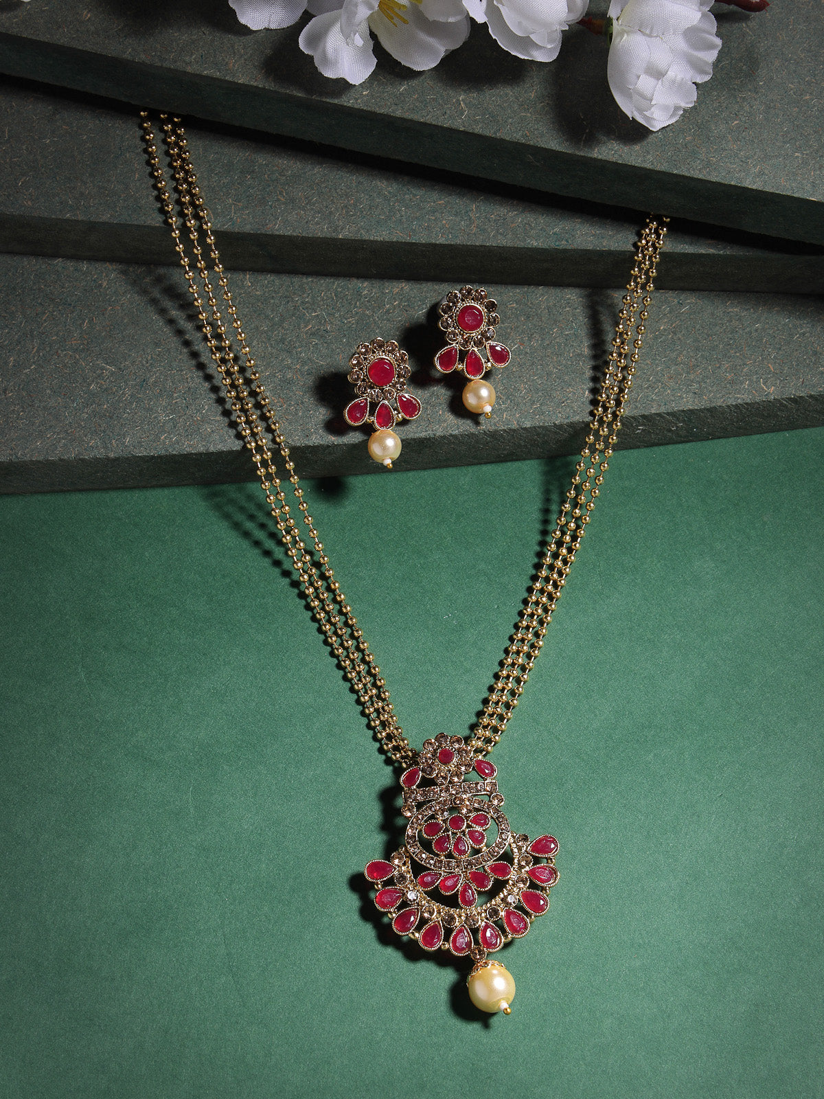 Sukkhi Eye-Catching Maroon Stone Multistring Long Necklace Set And Earring | Jewellery Set For Women (NS105688)