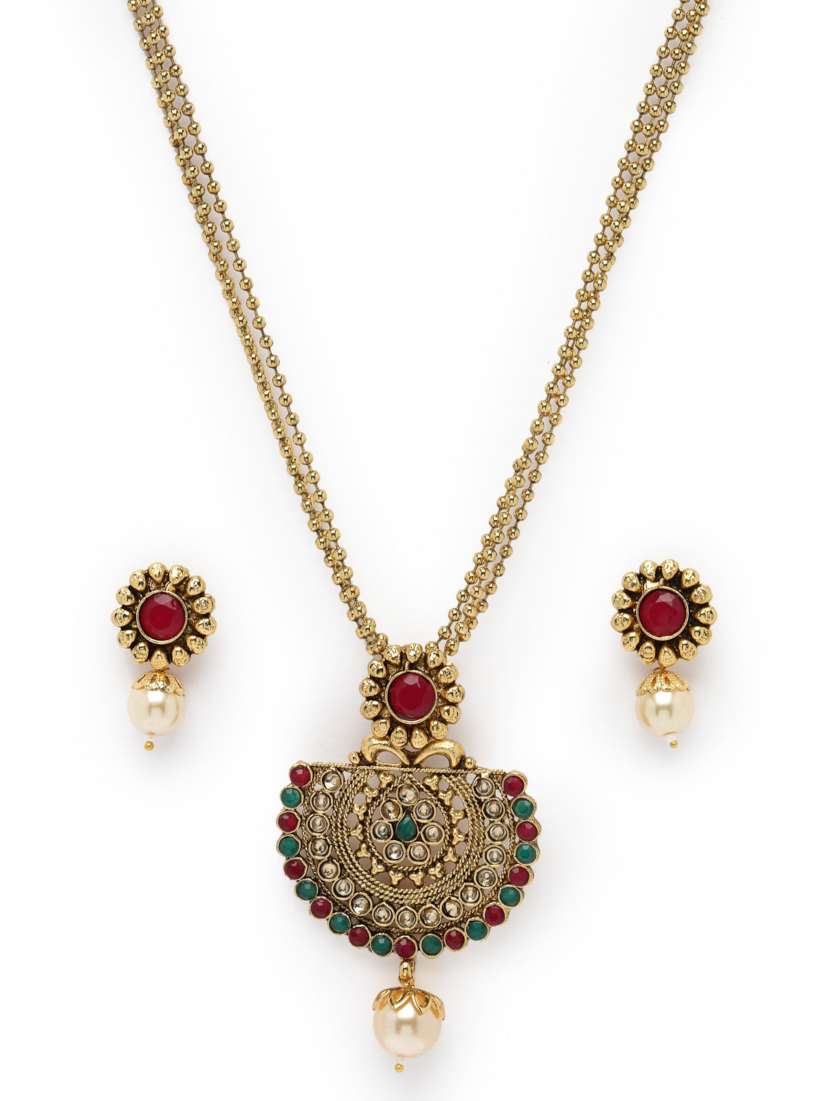 Sukkhi Beautiful Indian Look Green Red Stones Multistring Long Necklace Set And Earring | Jewellery Set For Women (NS105689)