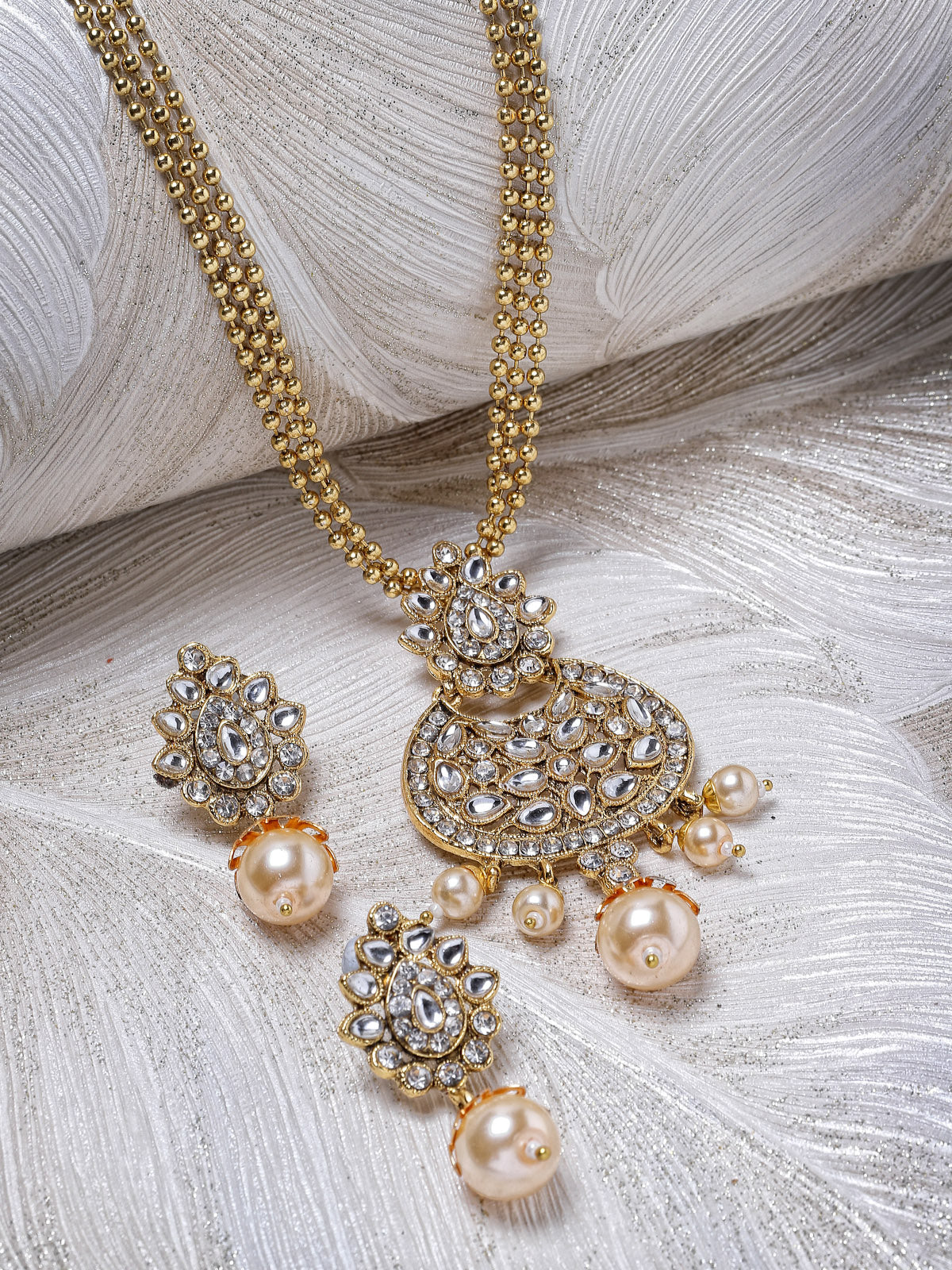 Sukkhi Eye-Catching White Stone Multistring Long Necklace Set And Earring | Jewellery Set For Women (NS105690)