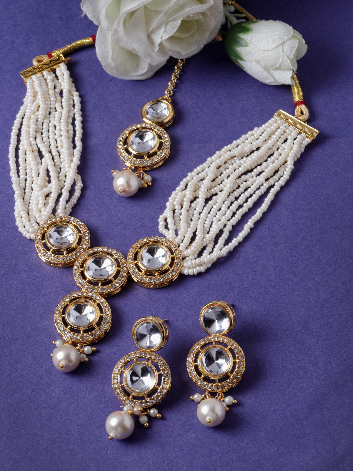 Sukkhi Iconic Gold Plated White AD Stone Multistrand Collar Bone Necklace Set With Earring And Maangtika | Jewellery Set For Women (NS105691)