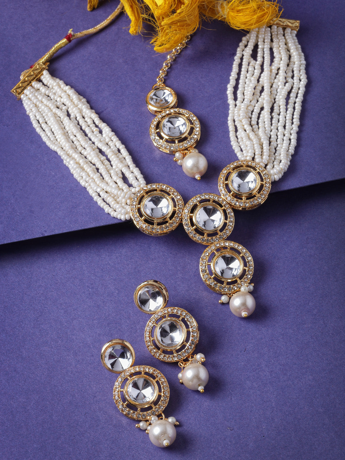 Sukkhi Iconic Gold Plated White AD Stone Multistrand Collar Bone Necklace Set With Earring And Maangtika | Jewellery Set For Women (NS105691)
