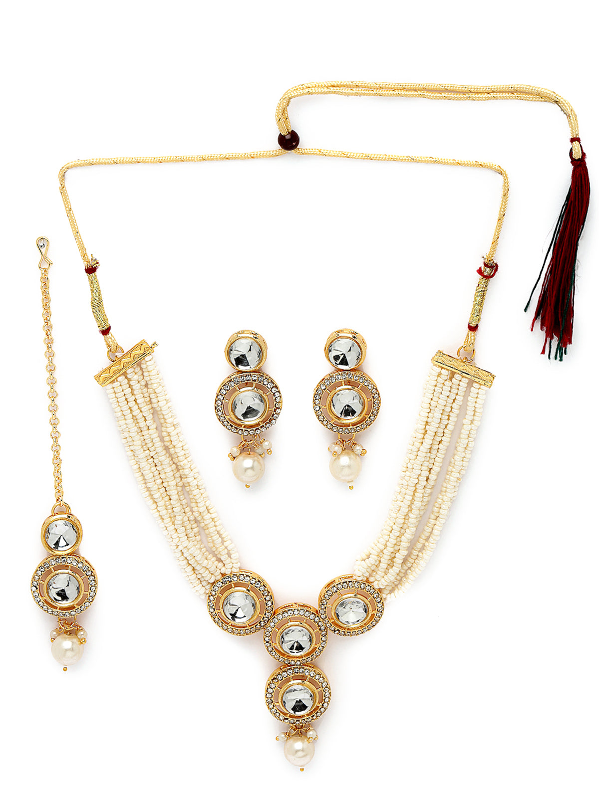 Sukkhi Iconic Gold Plated White AD Stone Multistrand Collar Bone Necklace Set With Earring And Maangtika | Jewellery Set For Women (NS105691)