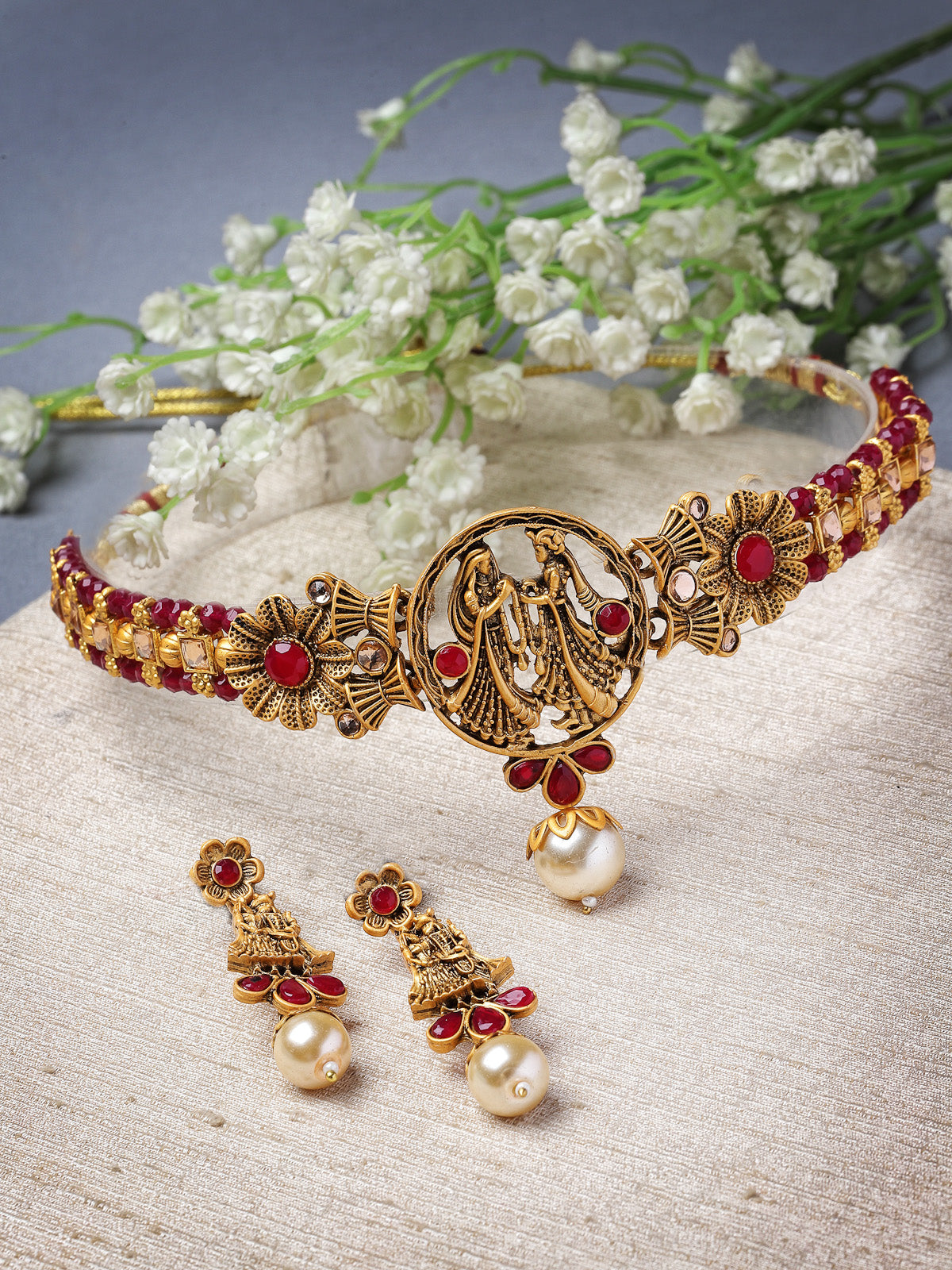 Sukkhi Distinguished Temple Gold Plated Rani Pink Stone Choker Necklace Set With Earring | Jewellery Set For Women (NS105692)