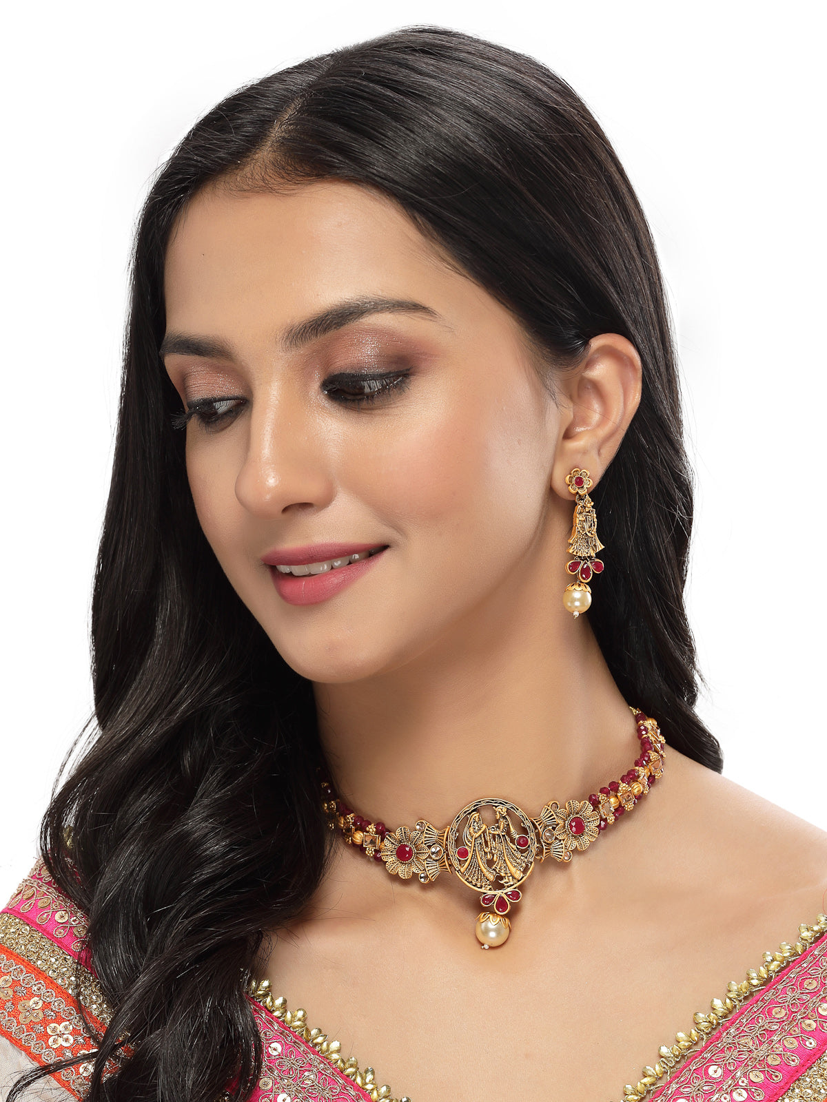 Sukkhi Distinguished Temple Gold Plated Rani Pink Stone Choker Necklace Set With Earring | Jewellery Set For Women (NS105692)